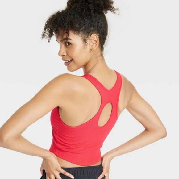 Women's Rib High Neck Racerback Cropped Tank Top - All In Motion Red M - Picture 1 of 3